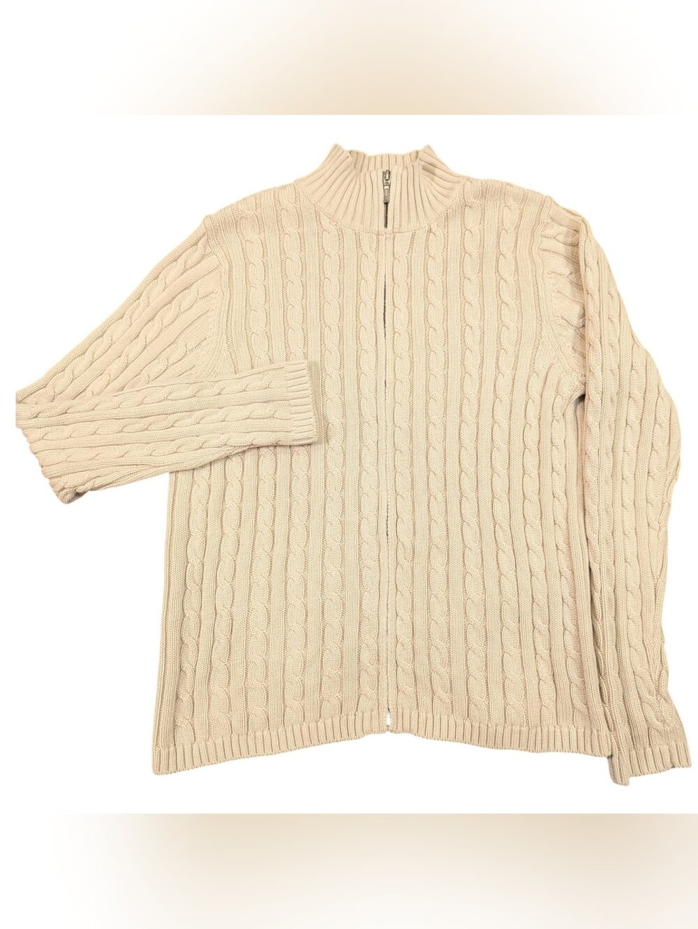 LL Bean Chunky Cable Knit Fisherman Full Zip Sweater Size Large Cottagecore Prep